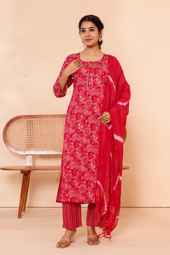 Cherry Red Floral Printed Straight Cut Rayon Kurta Set.