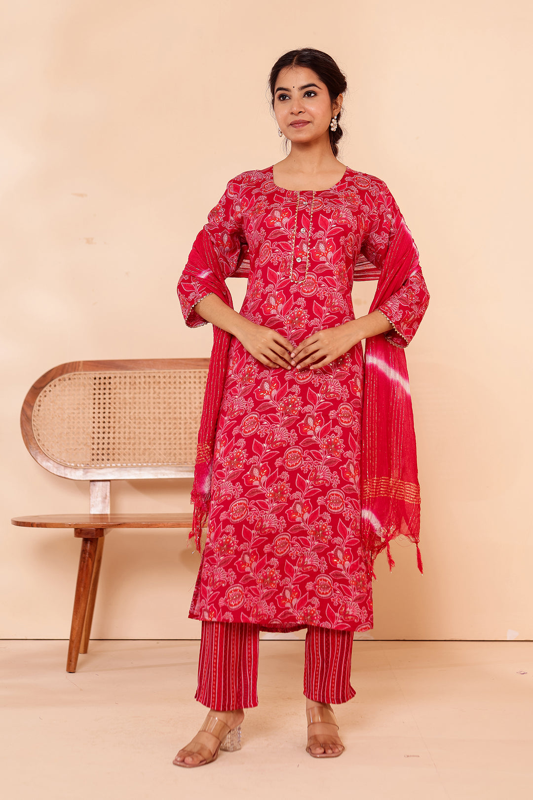 Cherry Red Floral Printed Straight Cut Rayon Kurta Set.