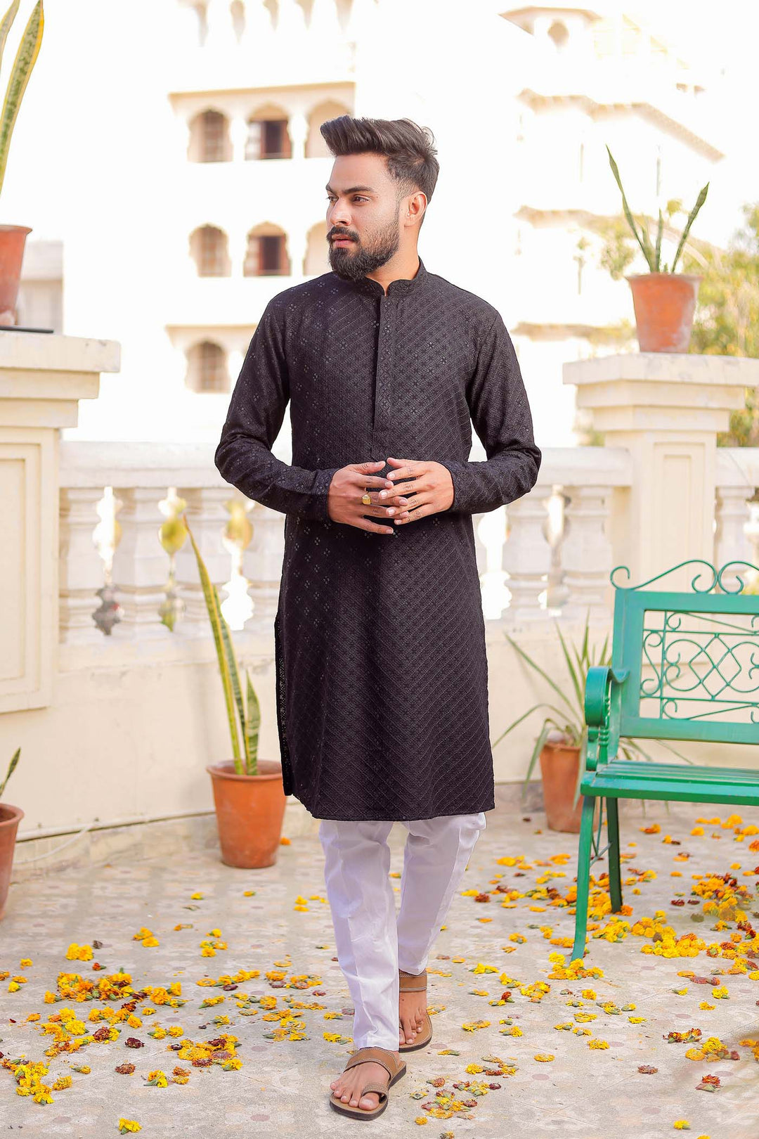 Black Sequin Embellished Chikankari Kurta Suit.