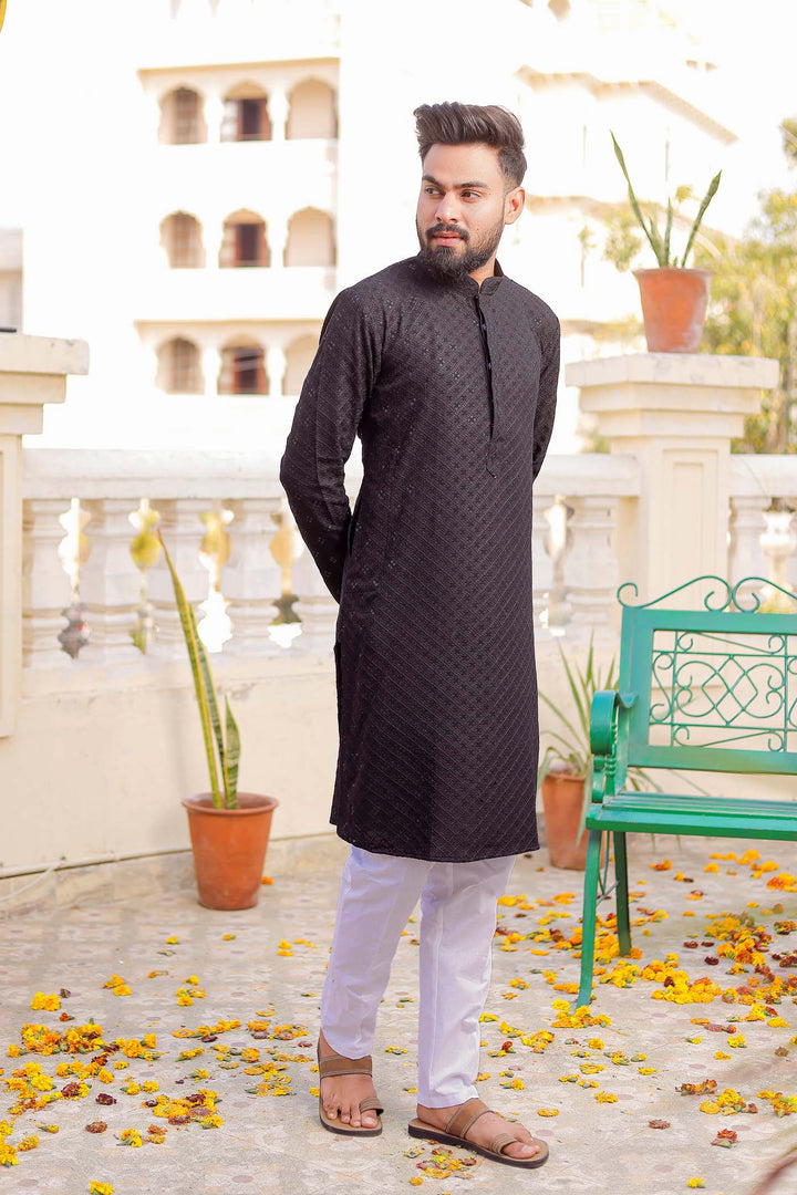 Black Sequin Embellished Chikankari Kurta Suit.