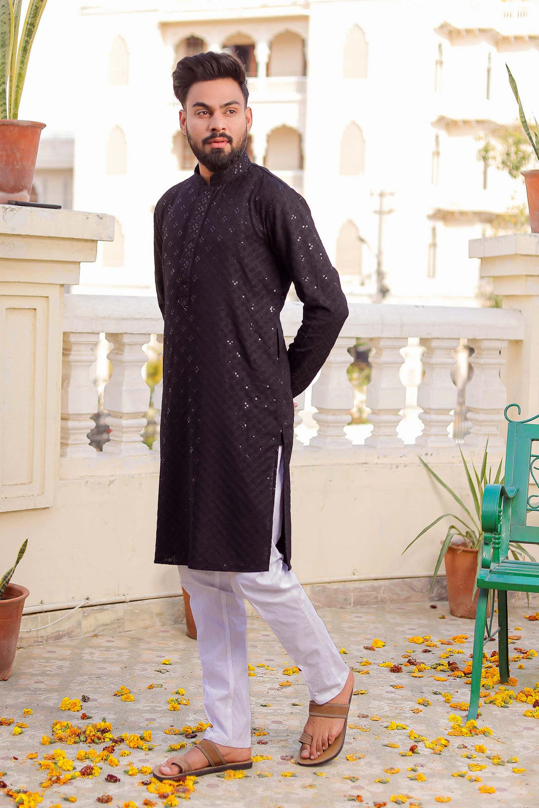 Black Sequin Embellished Chikankari Kurta Suit.