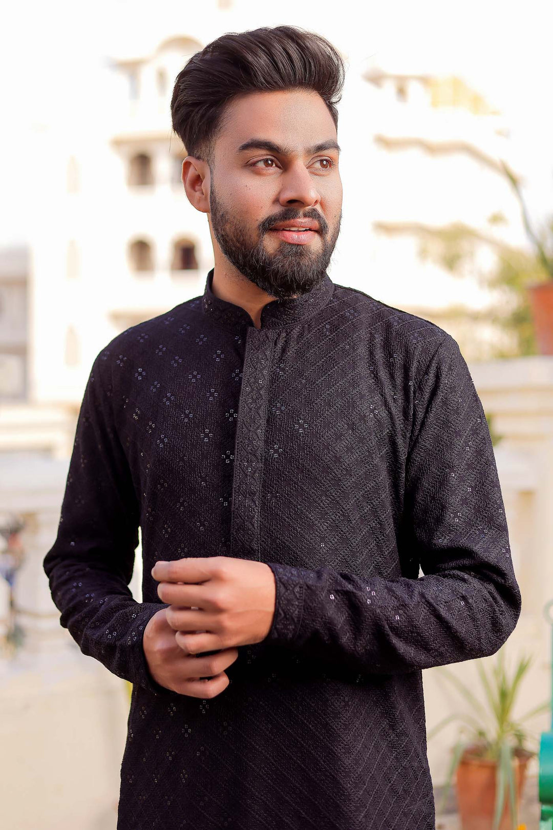 Black Sequin Embellished Chikankari Kurta Suit.