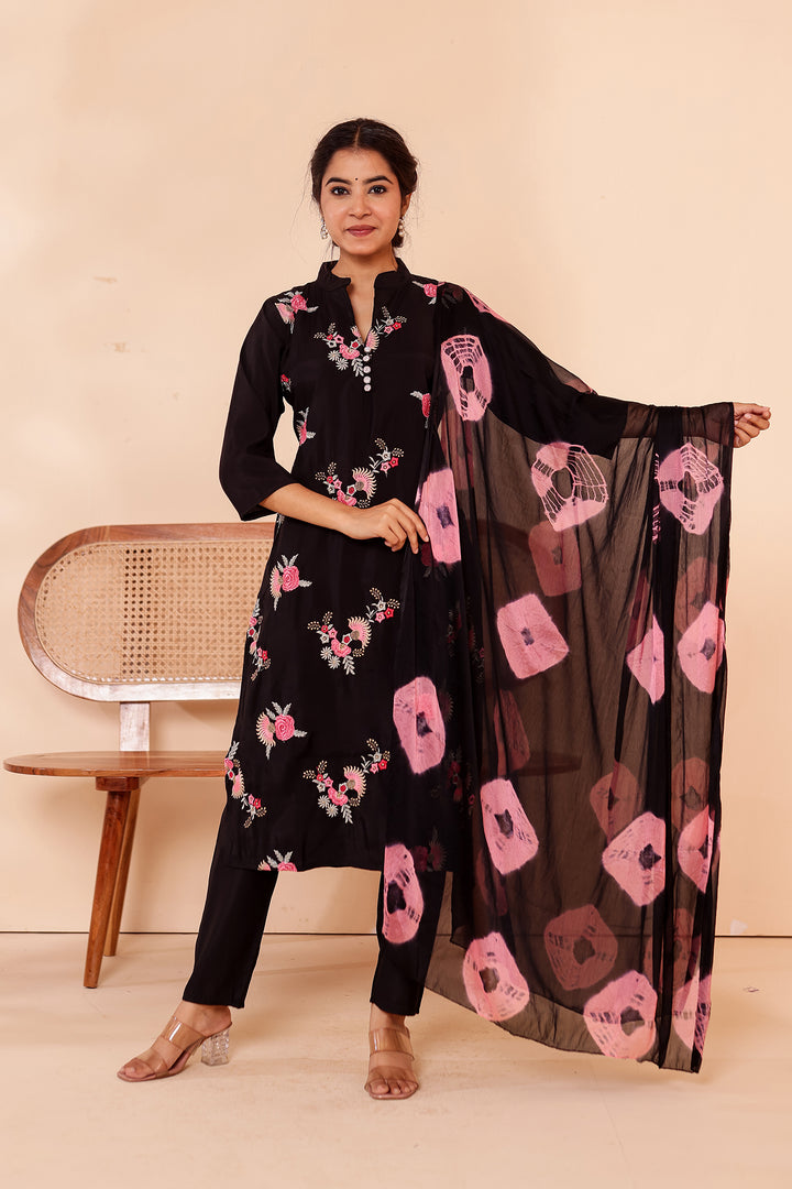 Black Roman Silk Straight Cut Kurta Set.