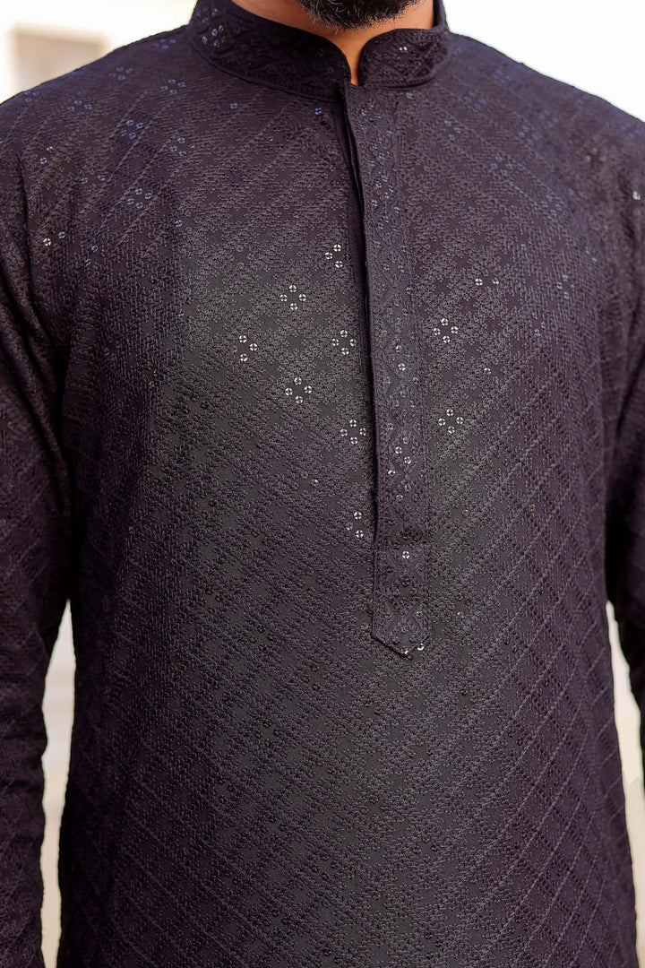 Black Sequin Embellished Chikankari Kurta Suit.