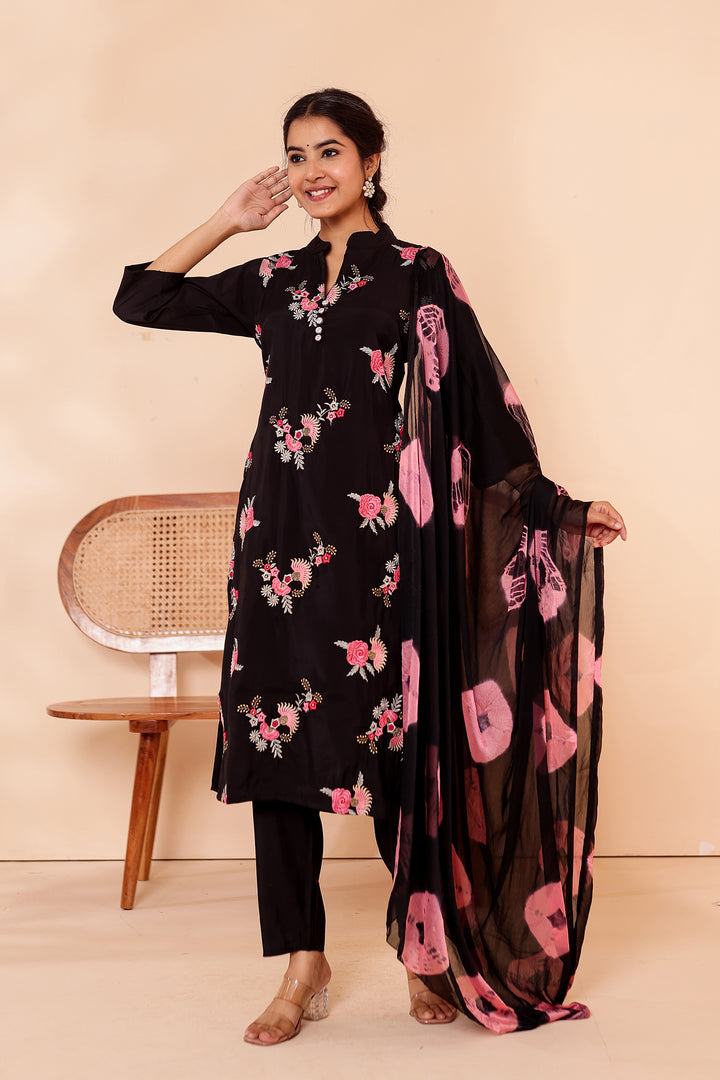 Black Roman Silk Straight Cut Kurta Set.