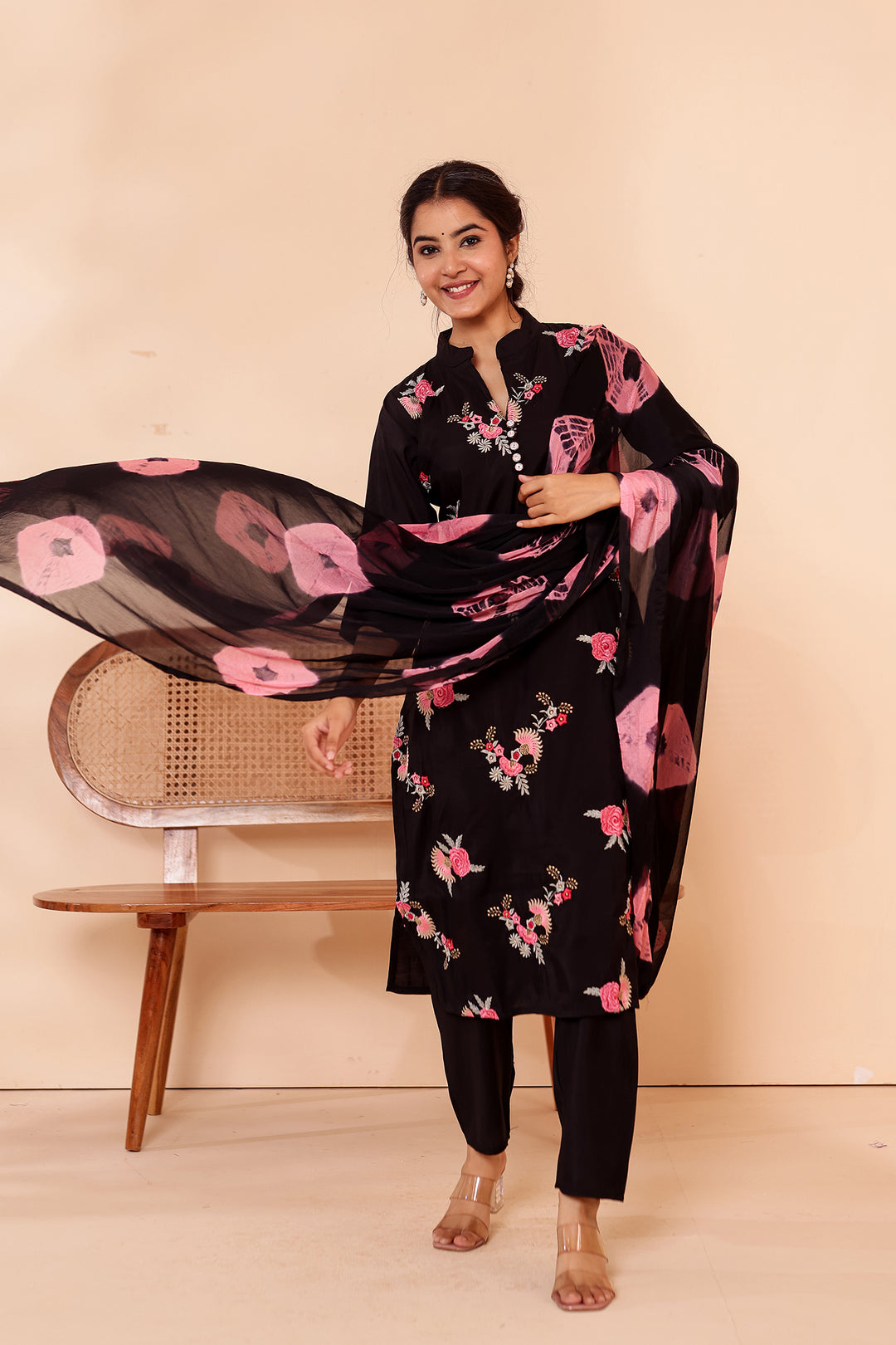 Black Roman Silk Straight Cut Kurta Set.
