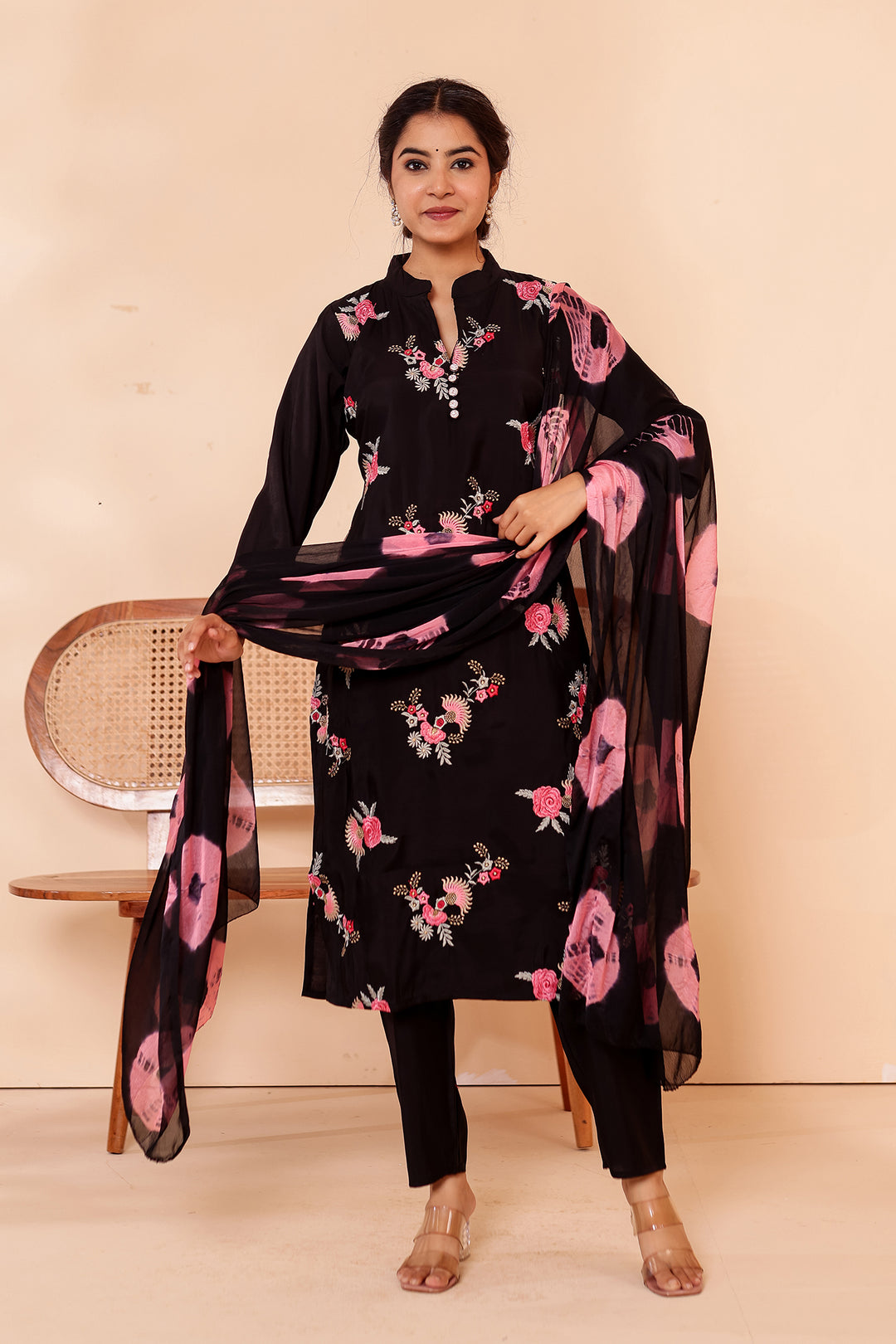 Black Roman Silk Straight Cut Kurta Set.