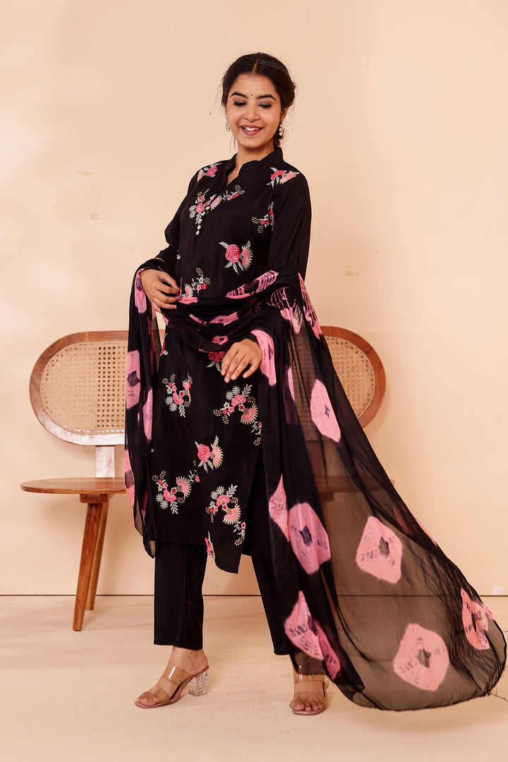Black Roman Silk Straight Cut Kurta Set.