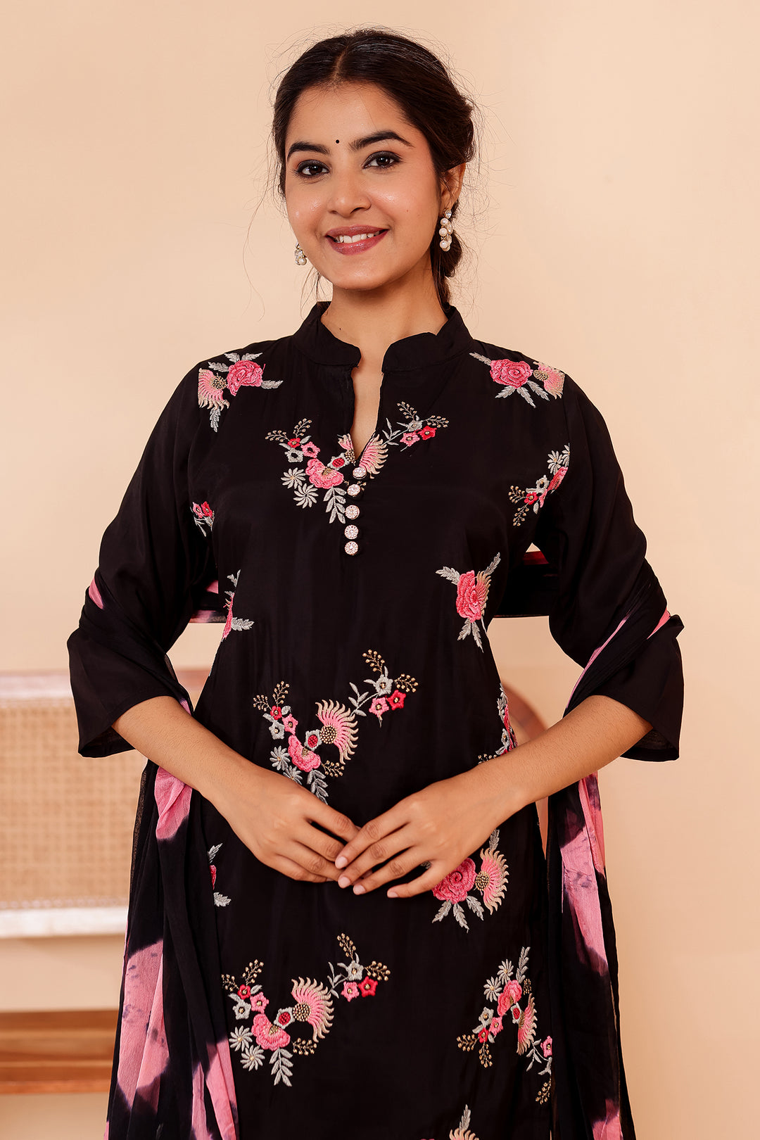 Black Roman Silk Straight Cut Kurta Set.