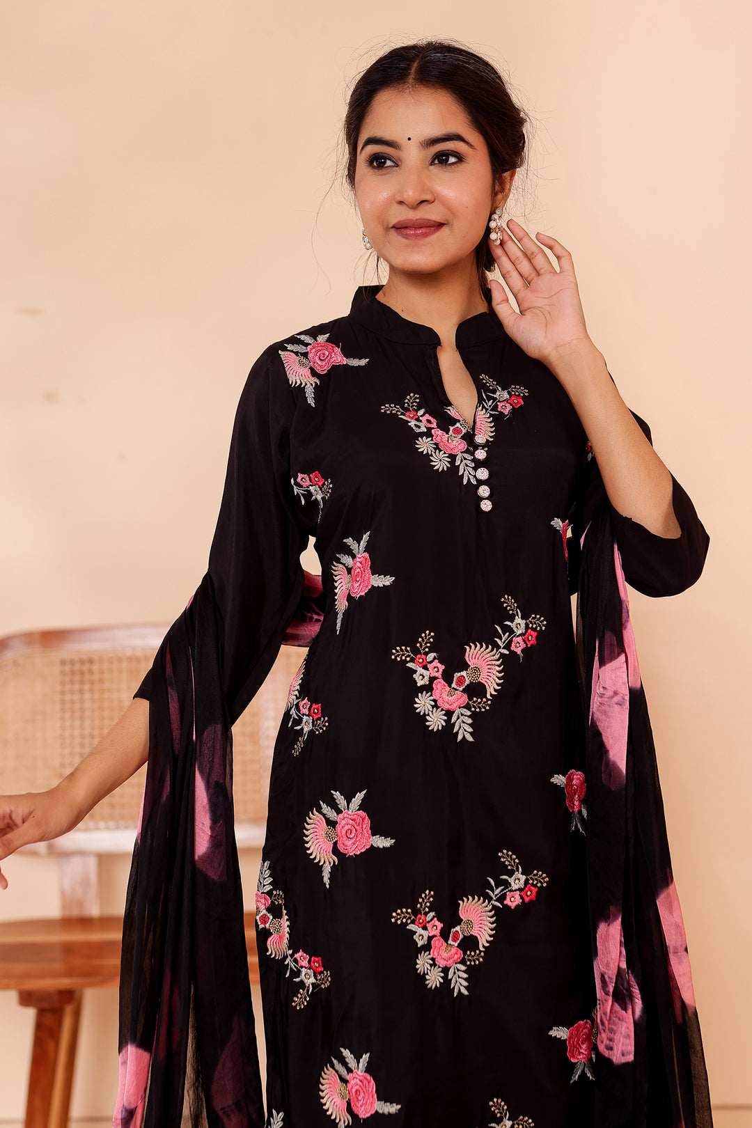 Black Roman Silk Straight Cut Kurta Set.
