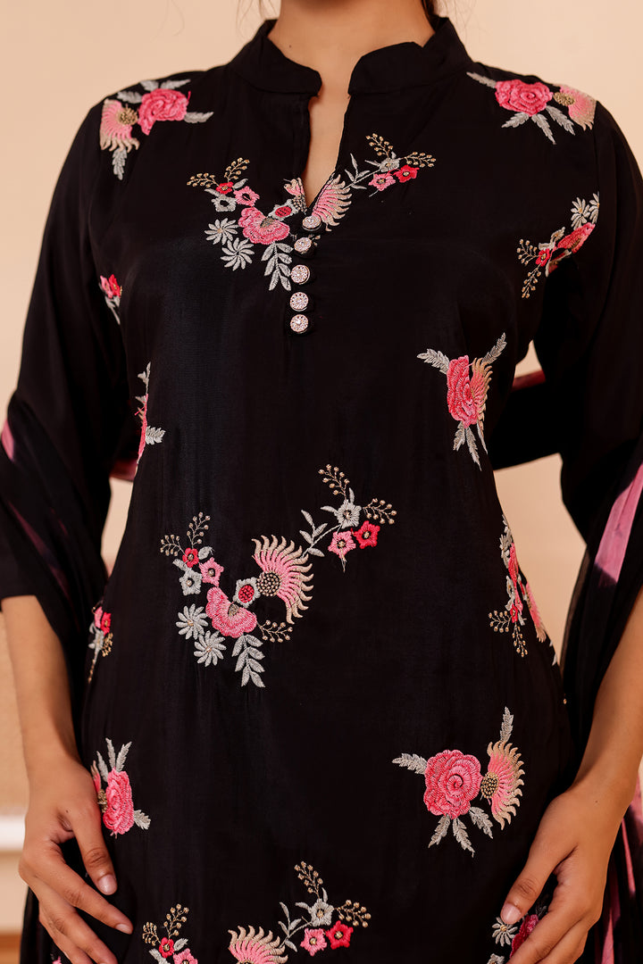 Black Roman Silk Straight Cut Kurta Set.