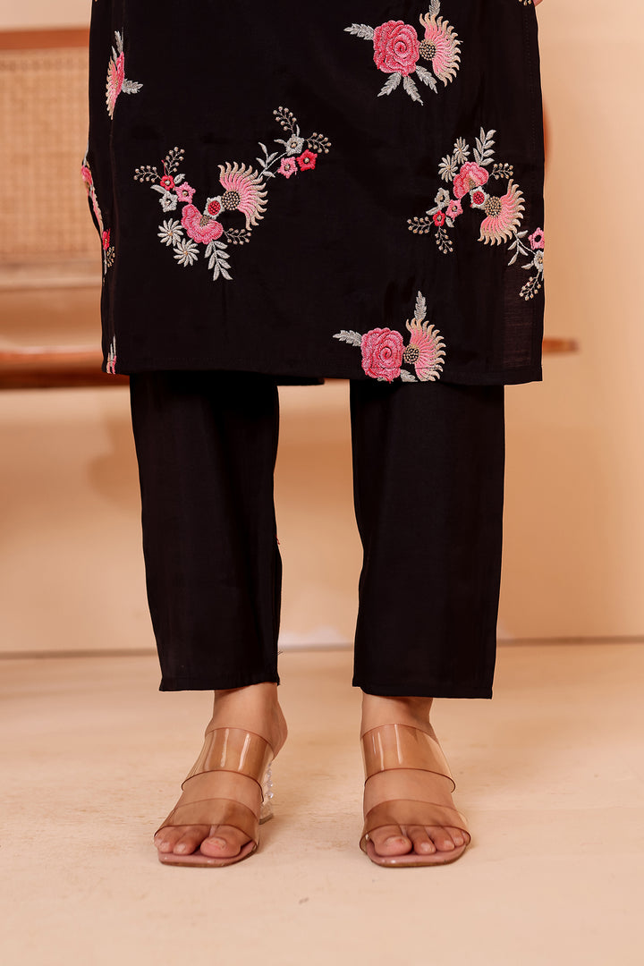 Black Roman Silk Straight Cut Kurta Set.