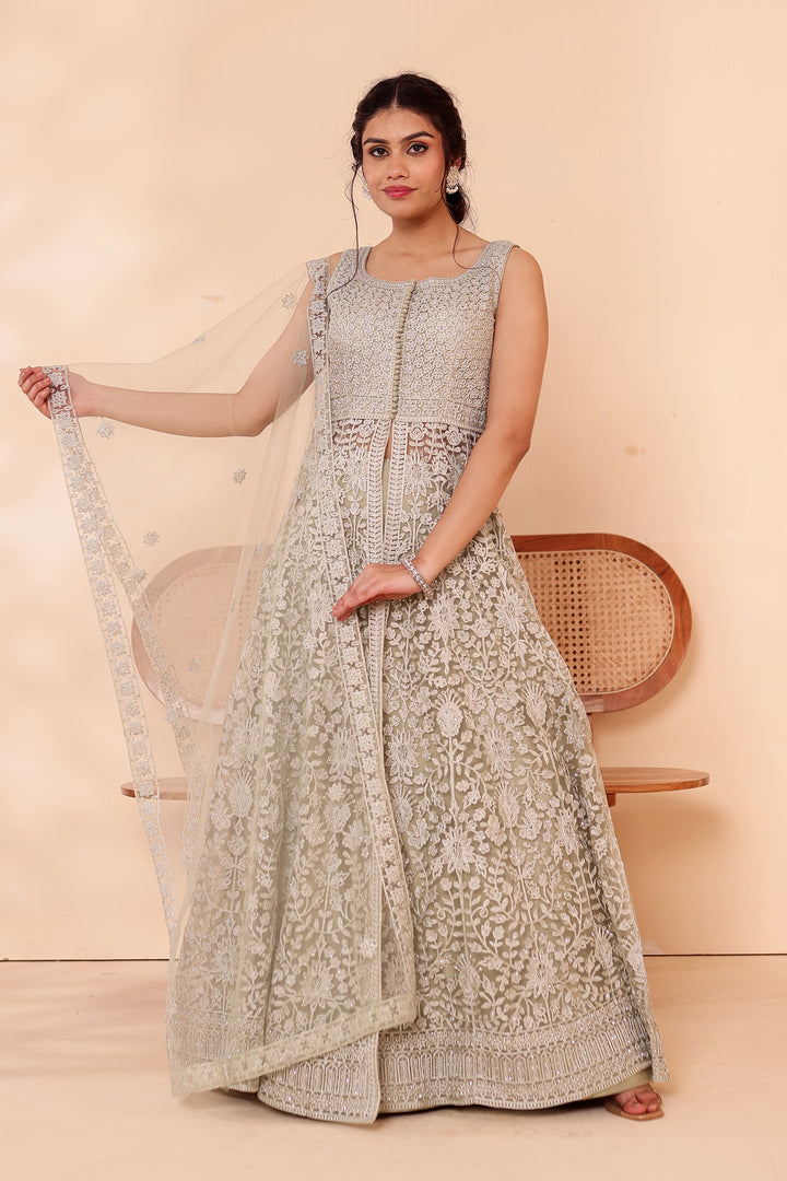 Mint Net Long Top with Raw silk Skirt.