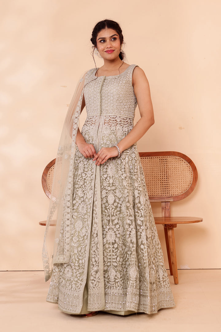 Mint Net Long Top with Raw silk Skirt.