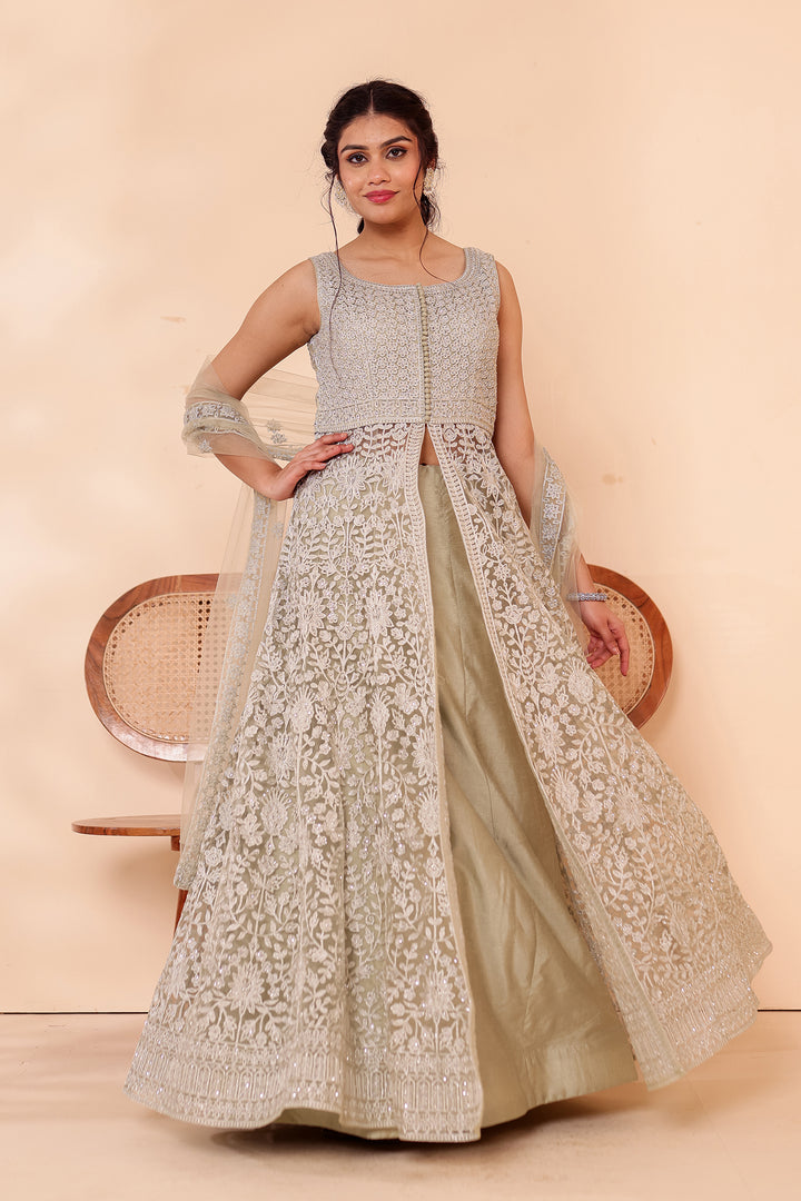 Mint Net Long Top with Raw silk Skirt.