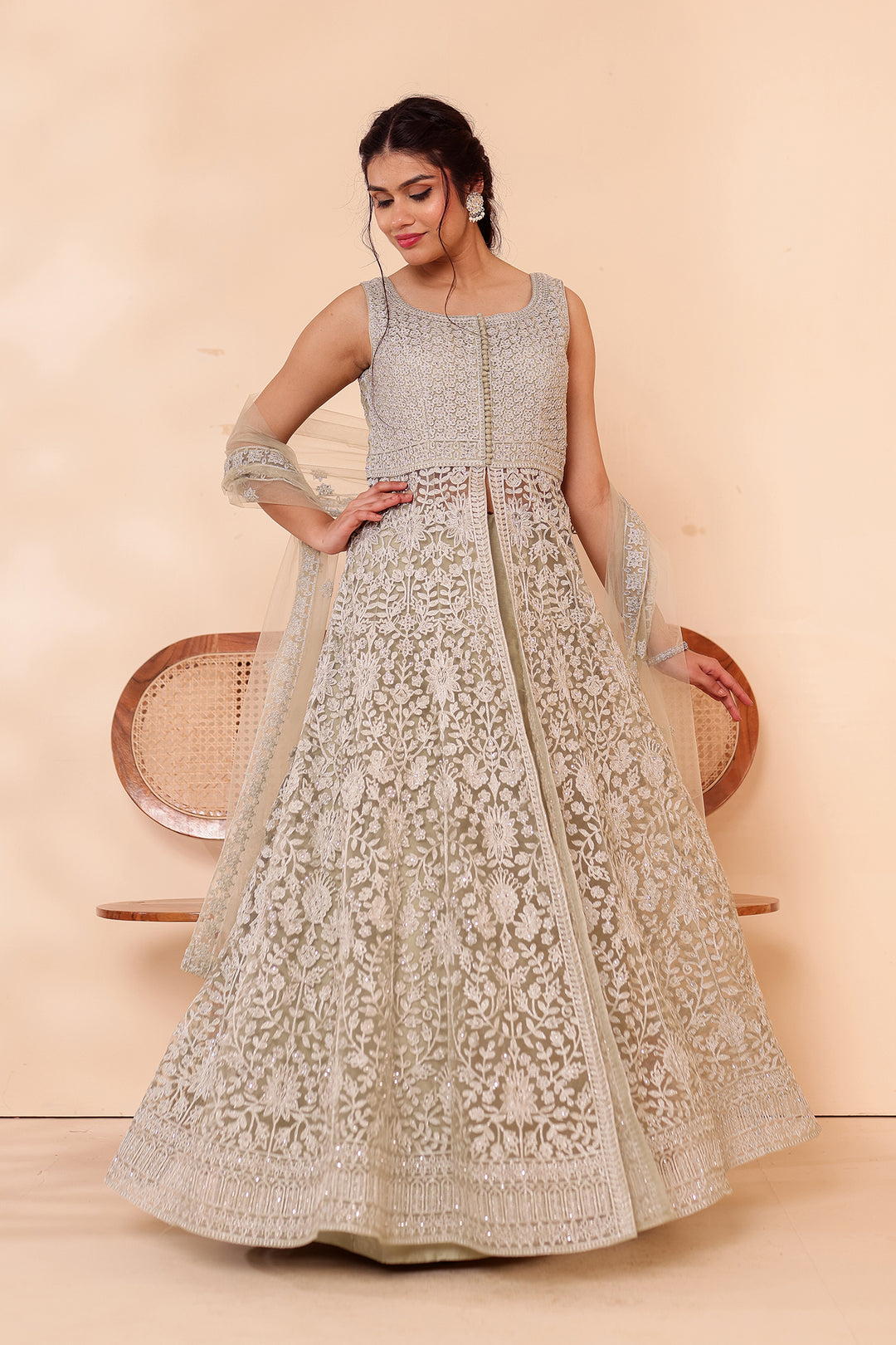 Mint Net Long Top with Raw silk Skirt.