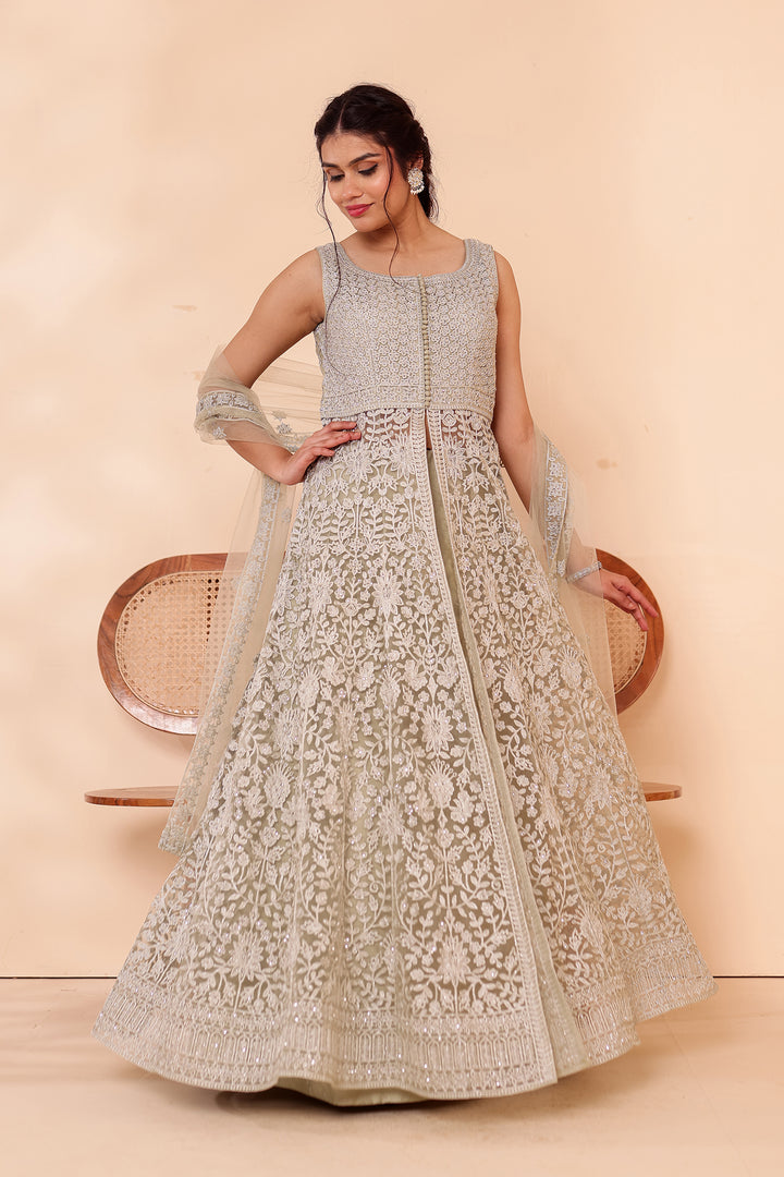 Mint Net Long Top with Raw silk Skirt.