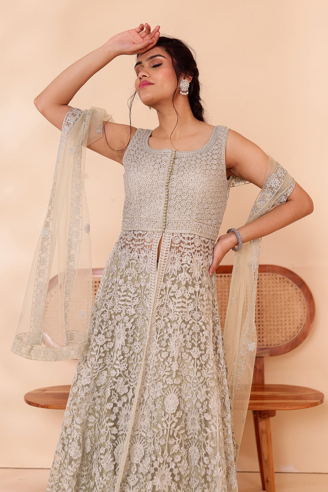 Mint Net Long Top with Raw silk Skirt.