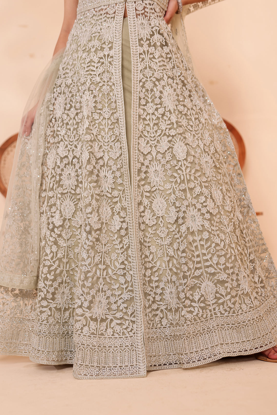 Mint Net Long Top with Raw silk Skirt.