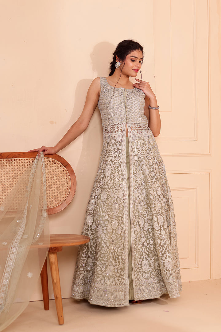 Mint Net Long Top with Raw silk Skirt.
