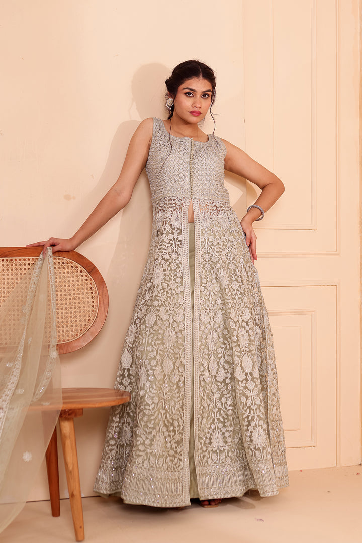 Mint Net Long Top with Raw silk Skirt.