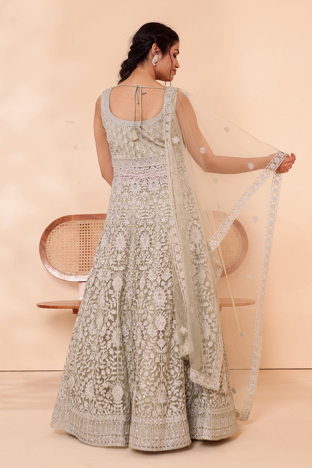 Mint Net Long Top with Raw silk Skirt.