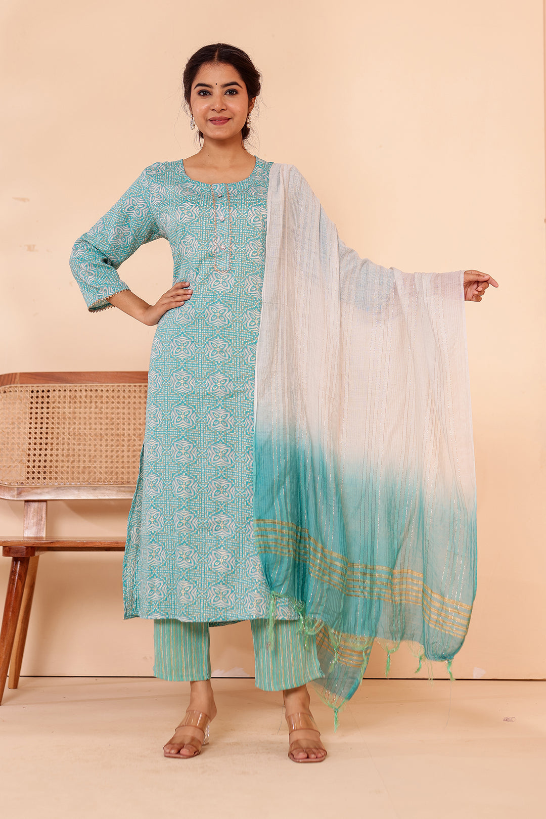 Light Blue Printed Straight Cut Rayon Kurta Set.