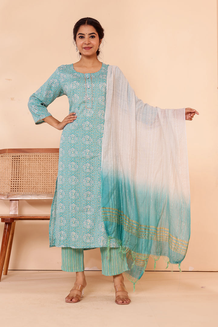 Light Blue Printed Straight Cut Rayon Kurta Set.