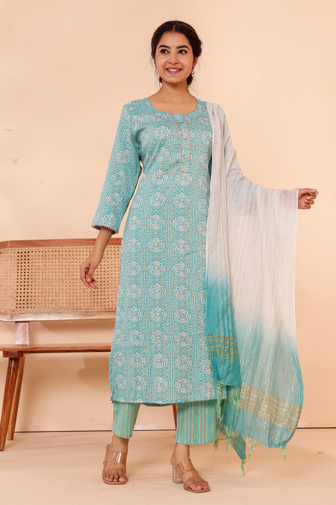Light Blue Printed Straight Cut Rayon Kurta Set.