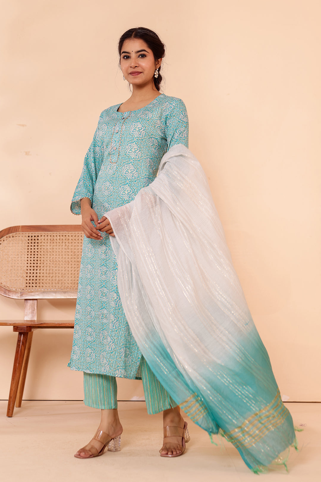 Light Blue Printed Straight Cut Rayon Kurta Set.
