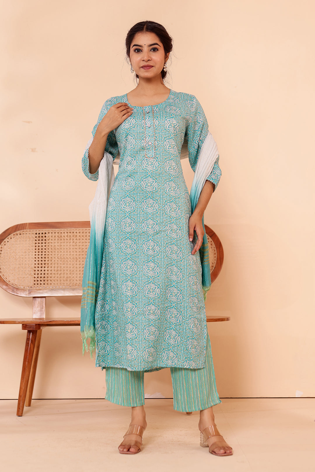 Light Blue Printed Straight Cut Rayon Kurta Set.
