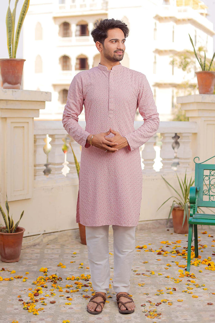 Light Pink Sequin Embellished Chikankari Kurta Suit.