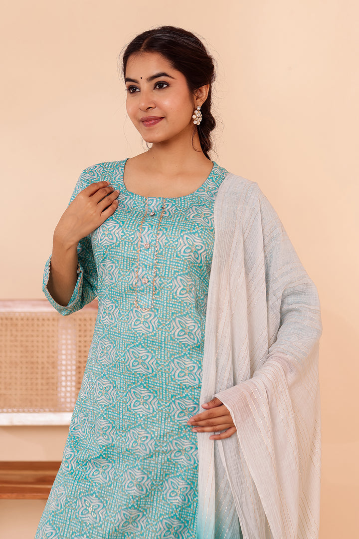 Light Blue Printed Straight Cut Rayon Kurta Set.