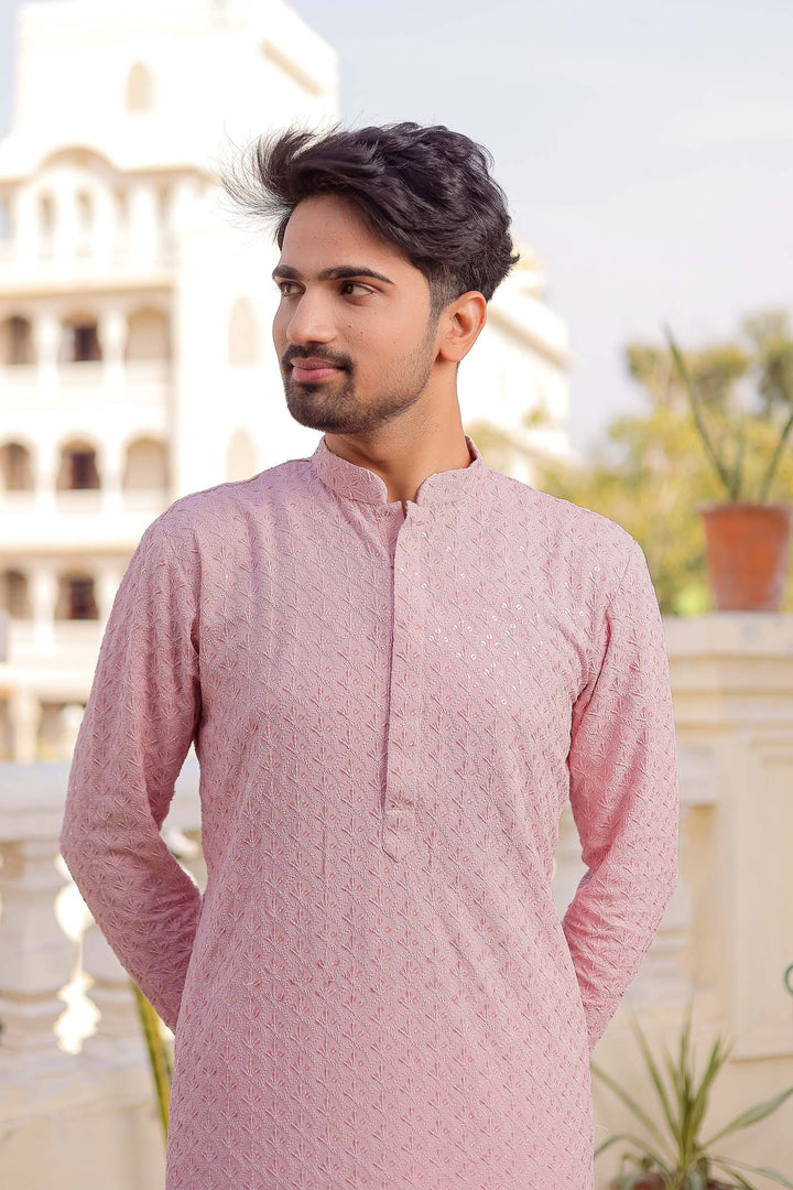 Light Pink Sequin Embellished Chikankari Kurta Suit.