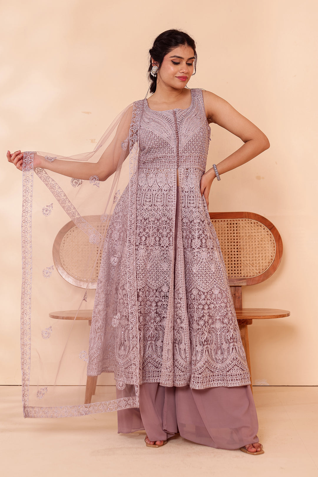 Mauve Net Long Top Palazzo Suit.