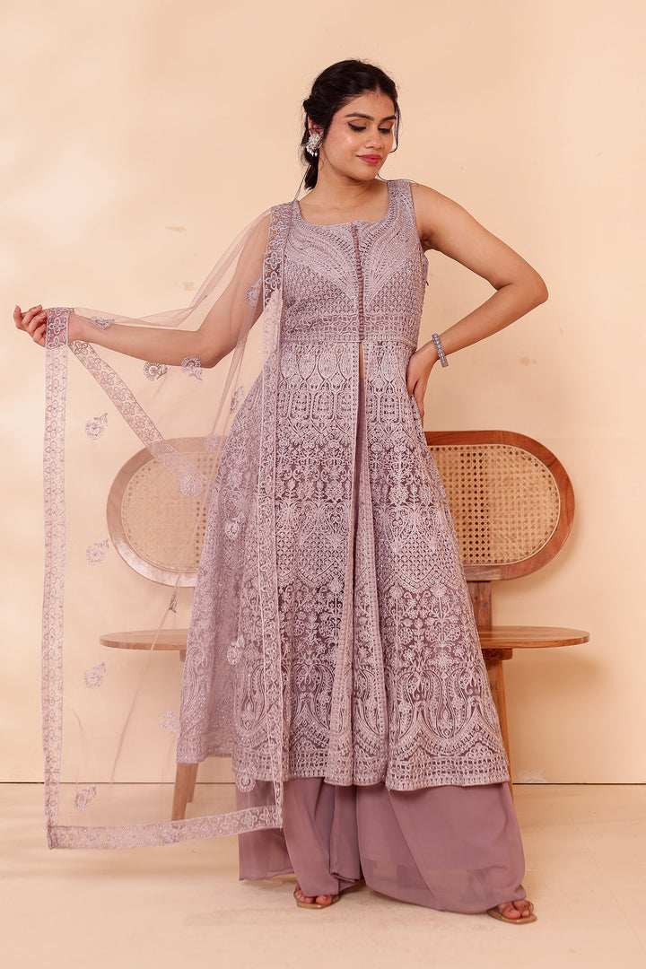 Mauve Net Long Top Palazzo Suit.