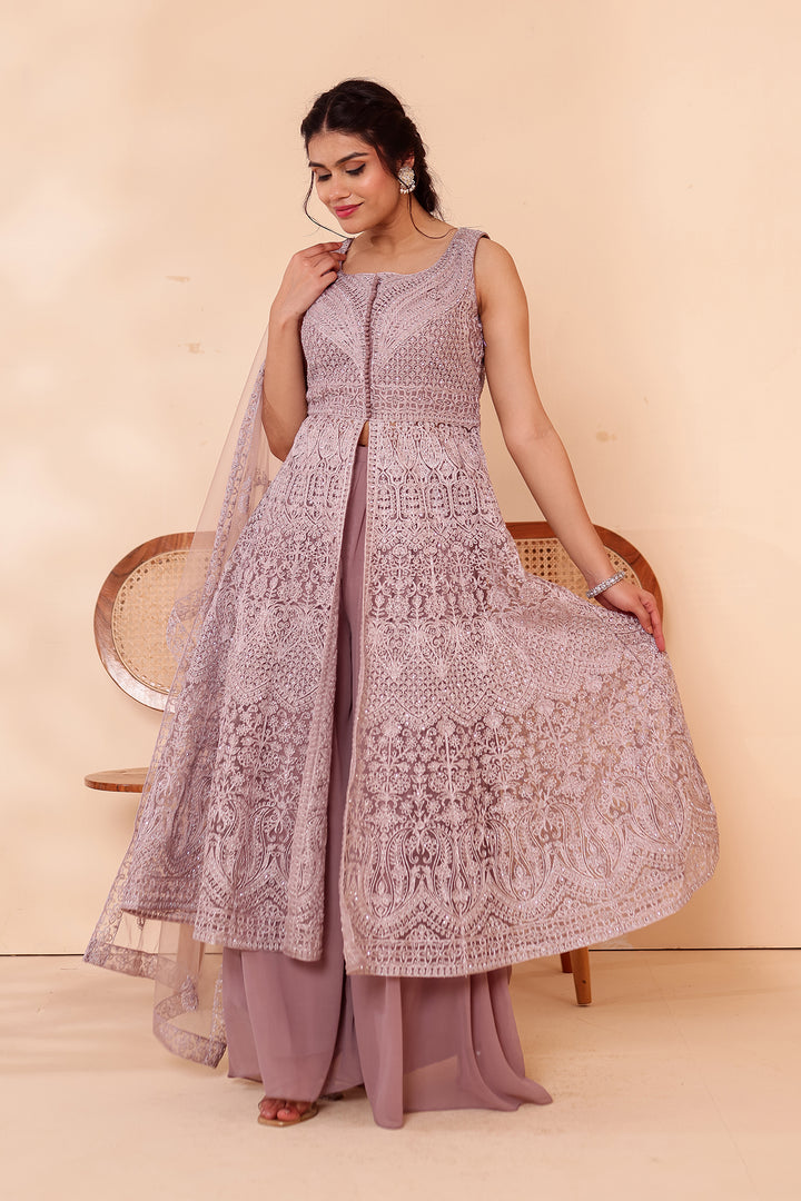 Mauve Net Long Top Palazzo Suit.