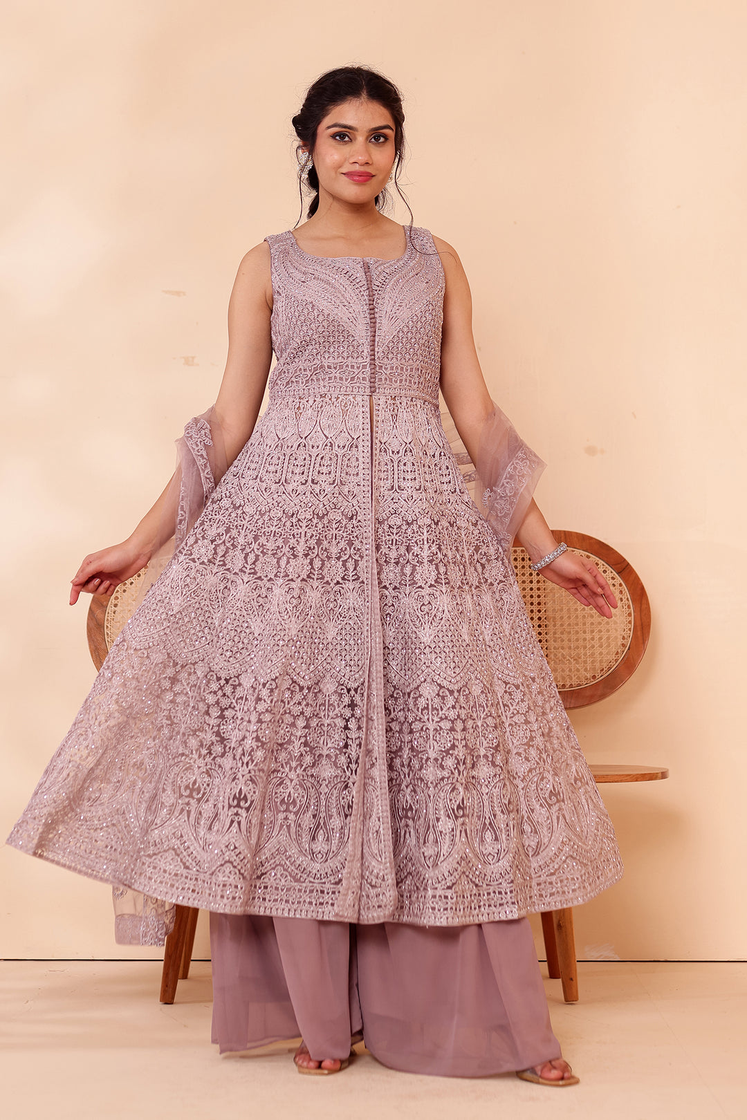 Mauve Net Long Top Palazzo Suit.