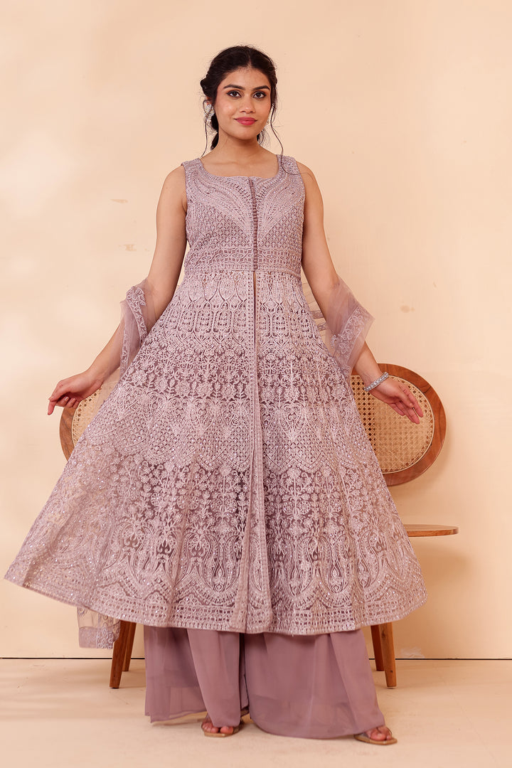 Mauve Net Long Top Palazzo Suit.