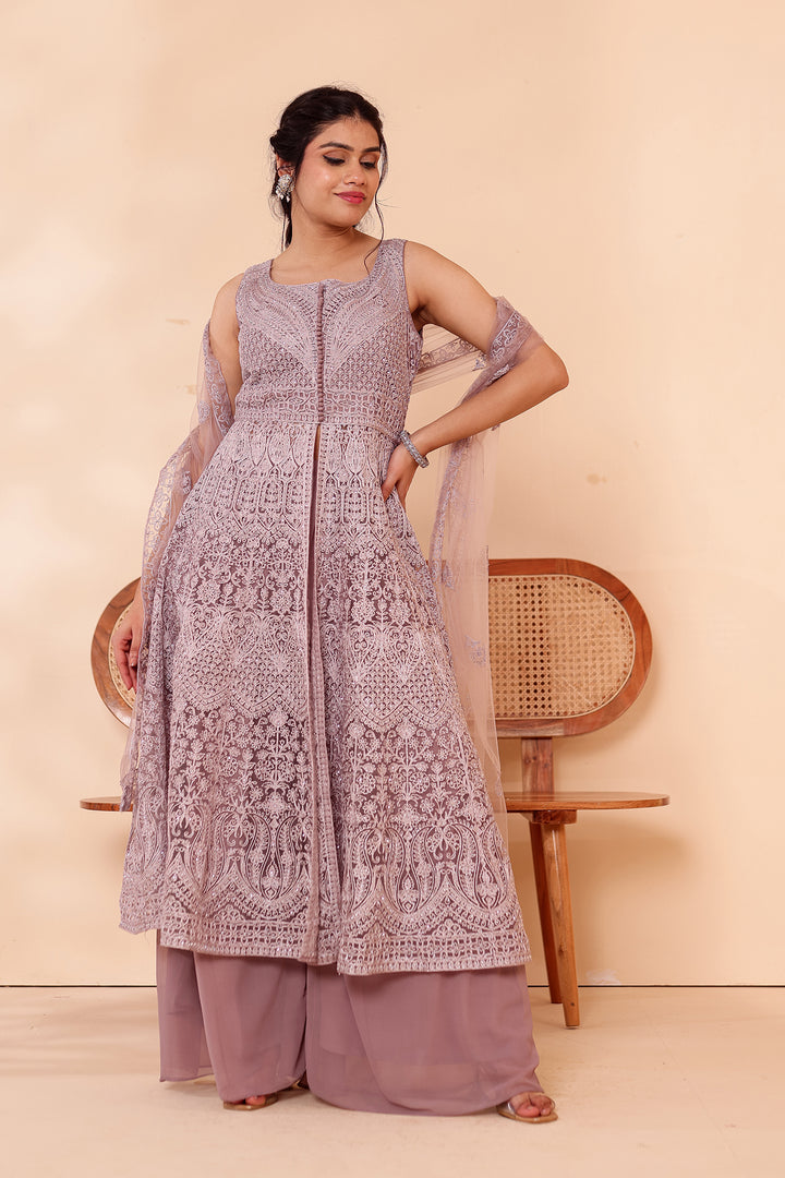 Mauve Net Long Top Palazzo Suit.