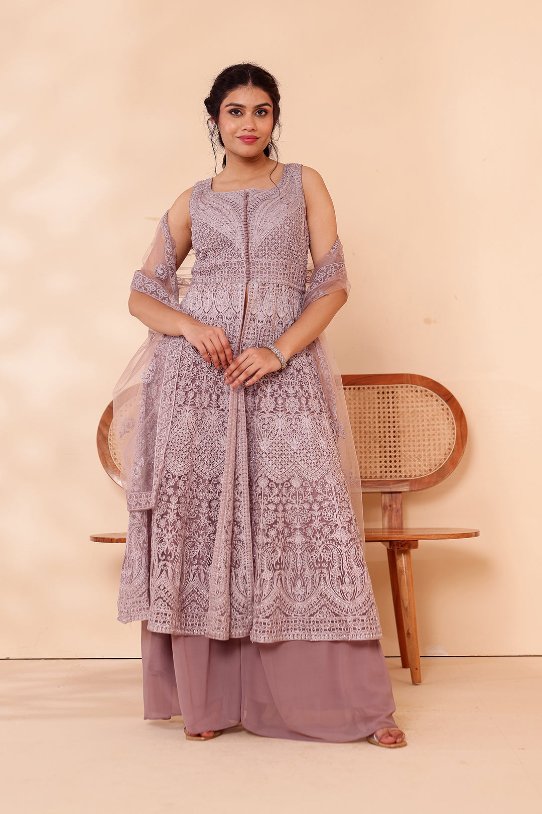 Mauve Net Long Top Palazzo Suit.