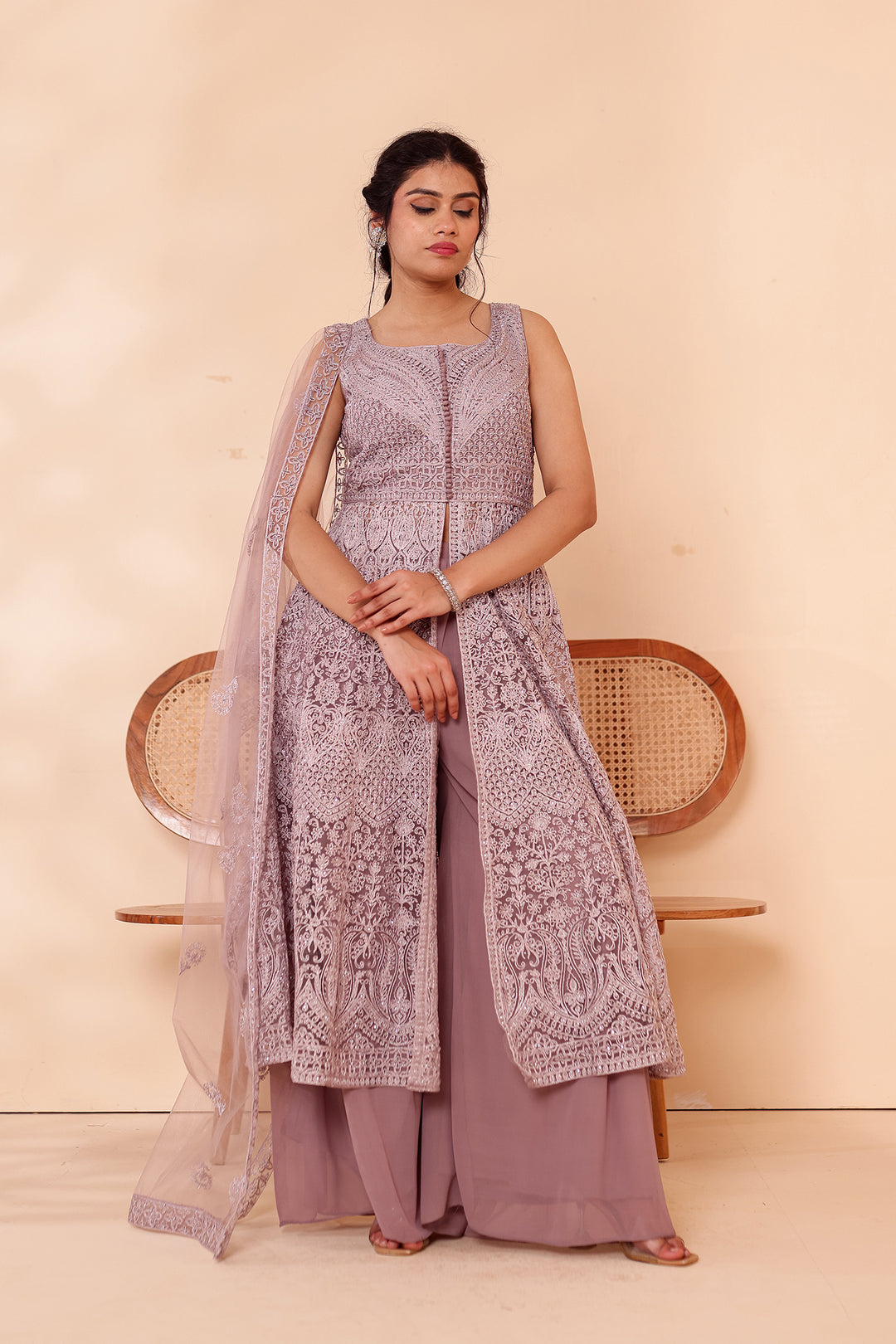Mauve Net Long Top Palazzo Suit.