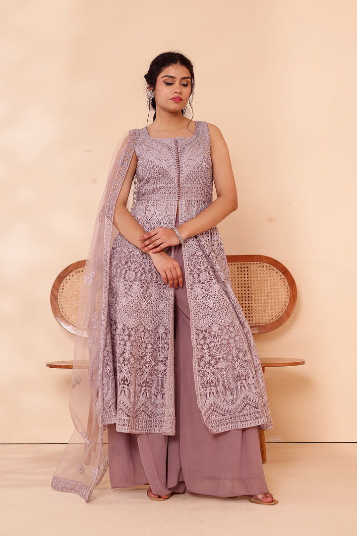 Mauve Net Long Top Palazzo Suit.
