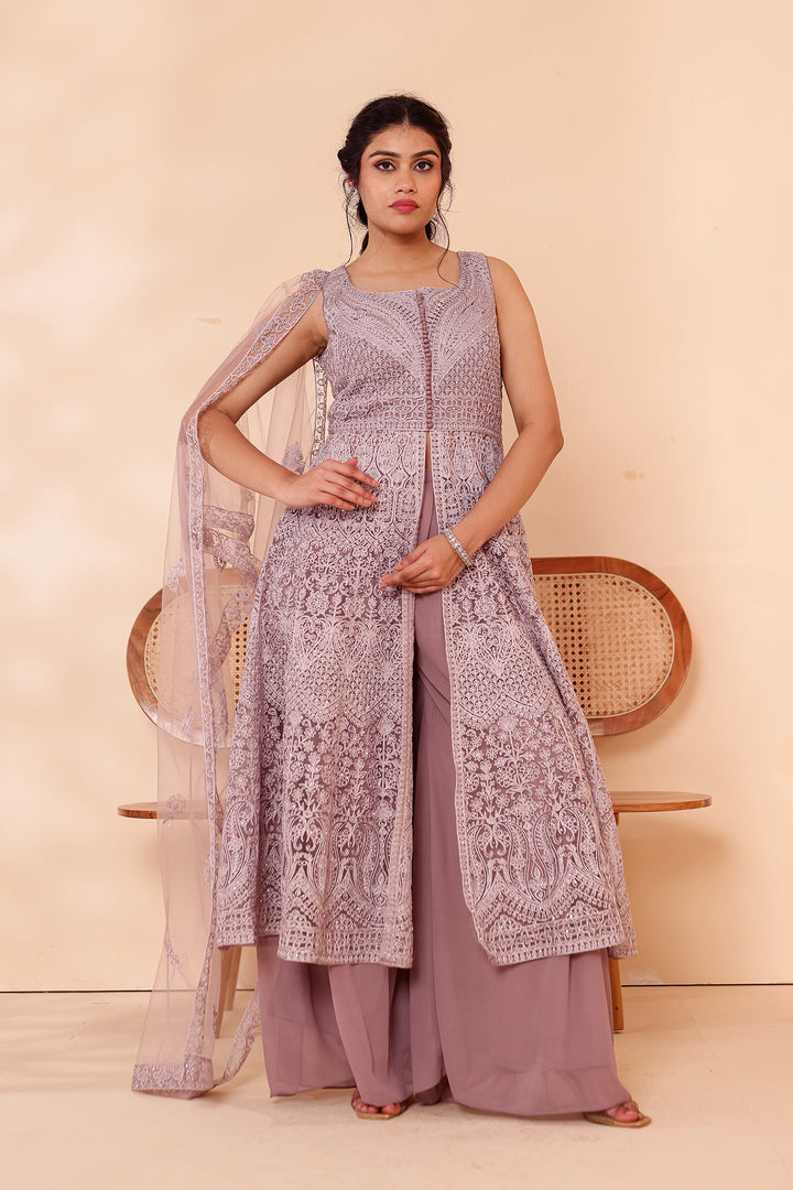 Mauve Net Long Top Palazzo Suit.