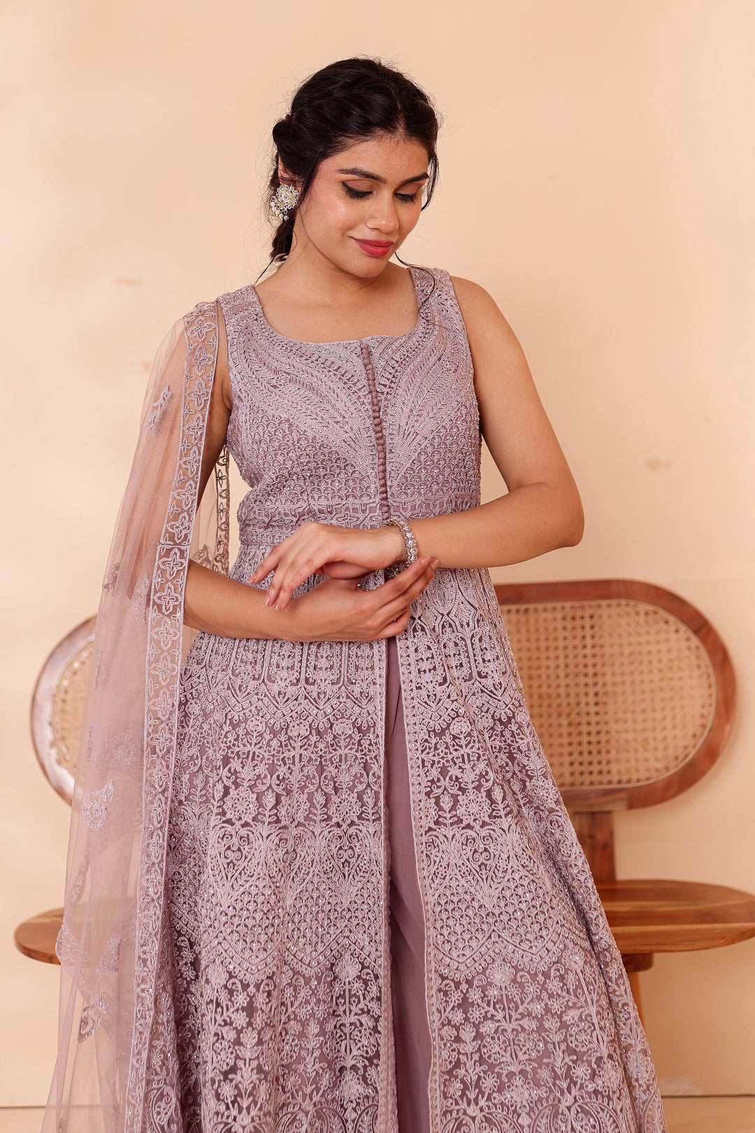 Mauve Net Long Top Palazzo Suit.
