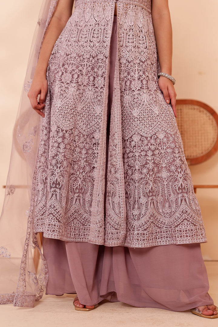Mauve Net Long Top Palazzo Suit.