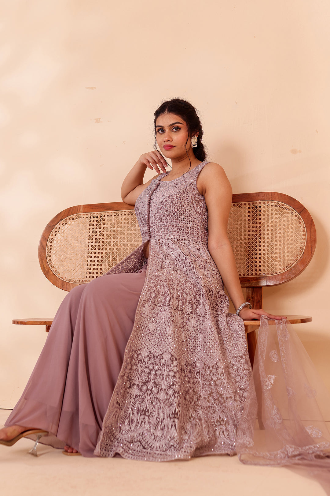 Mauve Net Long Top Palazzo Suit.