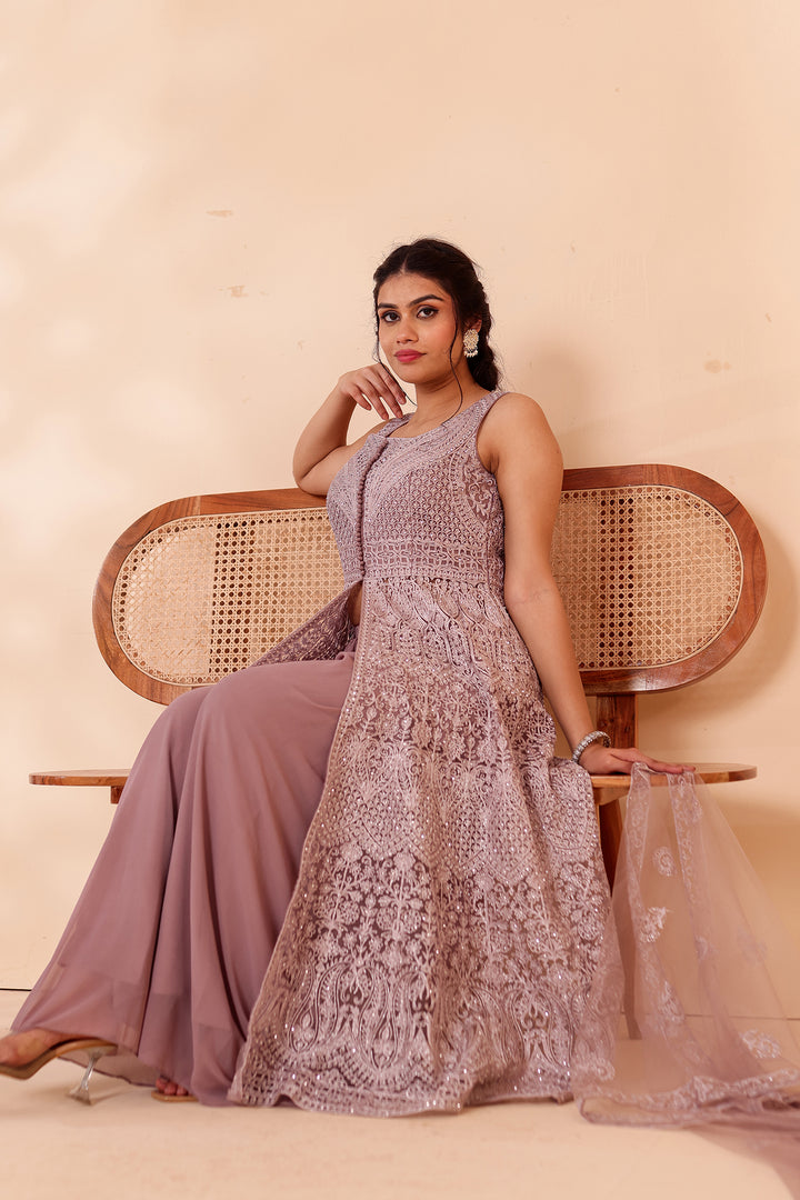 Mauve Net Long Top Palazzo Suit.