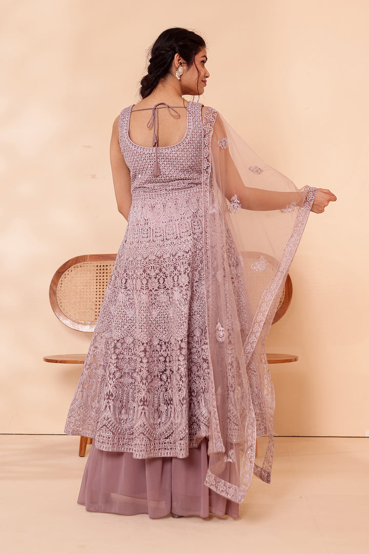 Mauve Net Long Top Palazzo Suit.