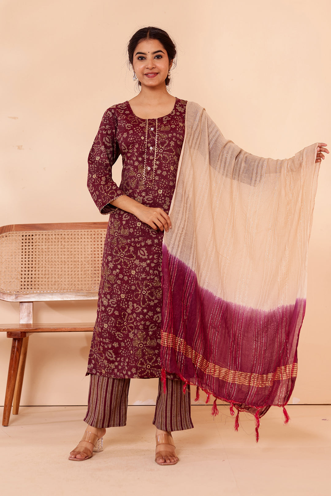 Purple Floral Printed Straight Cut Rayon Kurta Set.